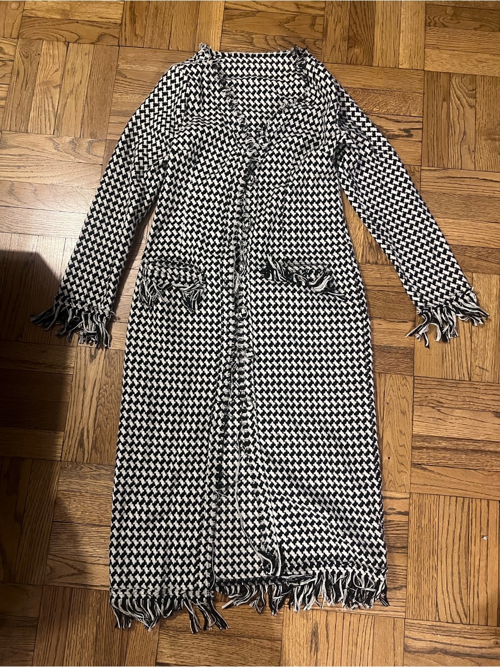 Black & White Houndstooth Fringe Long Dress